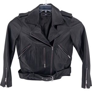Quince Womens L Sheep Leather Moto Jacket Black Belted Asymmetrical Zip Biker